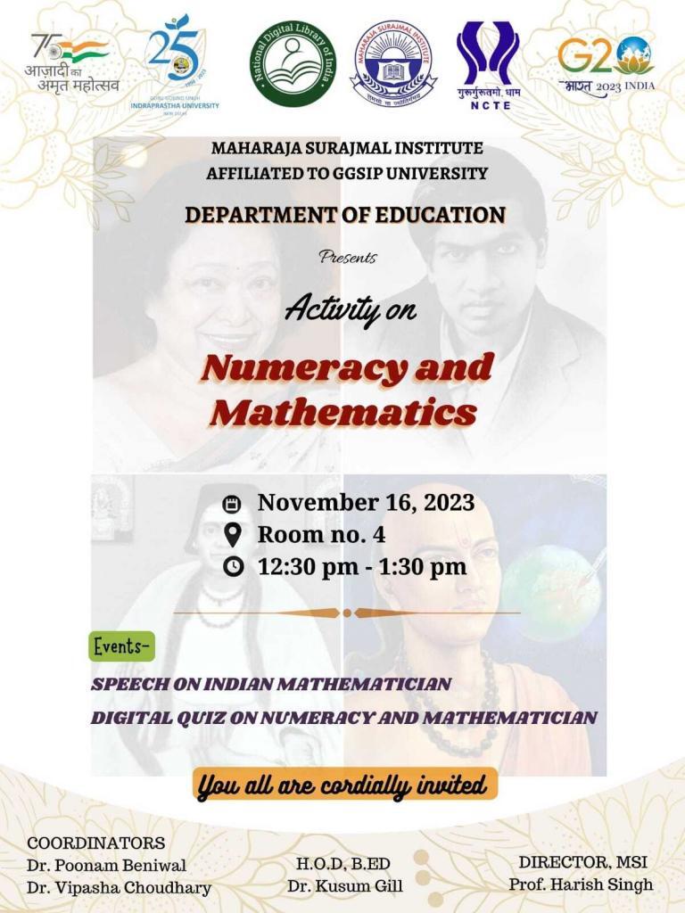 Numeracy And Mathematics On 16/Nov/2023 – Maharaja Surajmal Institute